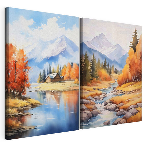 Modulaire canvasprint Aquarelschilderij van een huis en een rivier