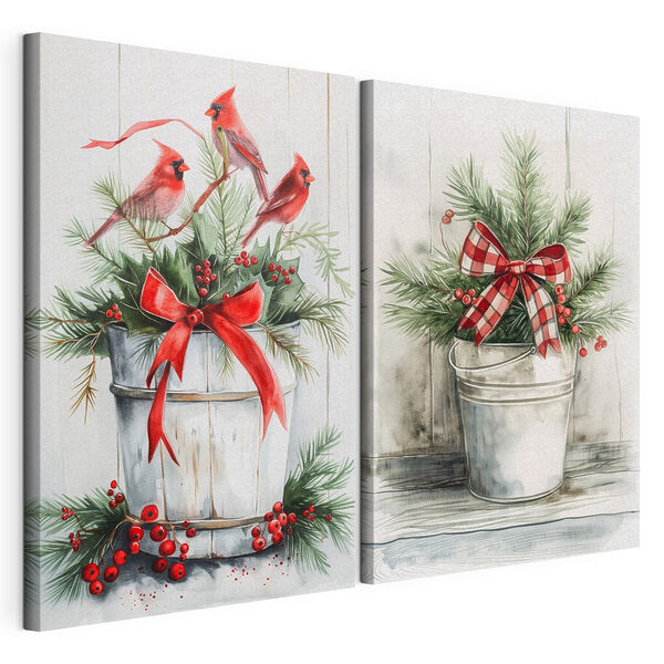 Modulaire canvasprint Twee aquarellen van vogels en een emmer met planten