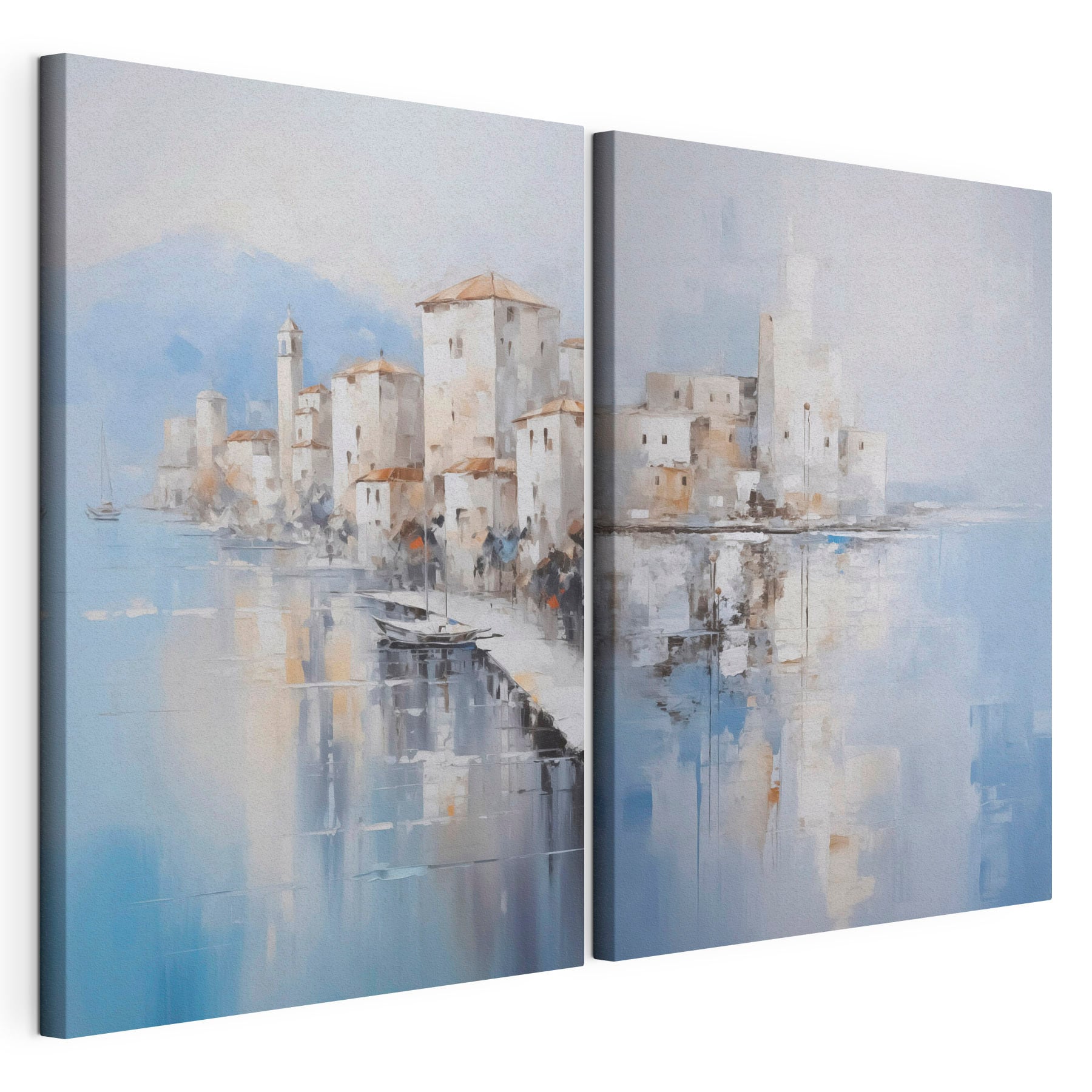 Painting of a city and a body of water