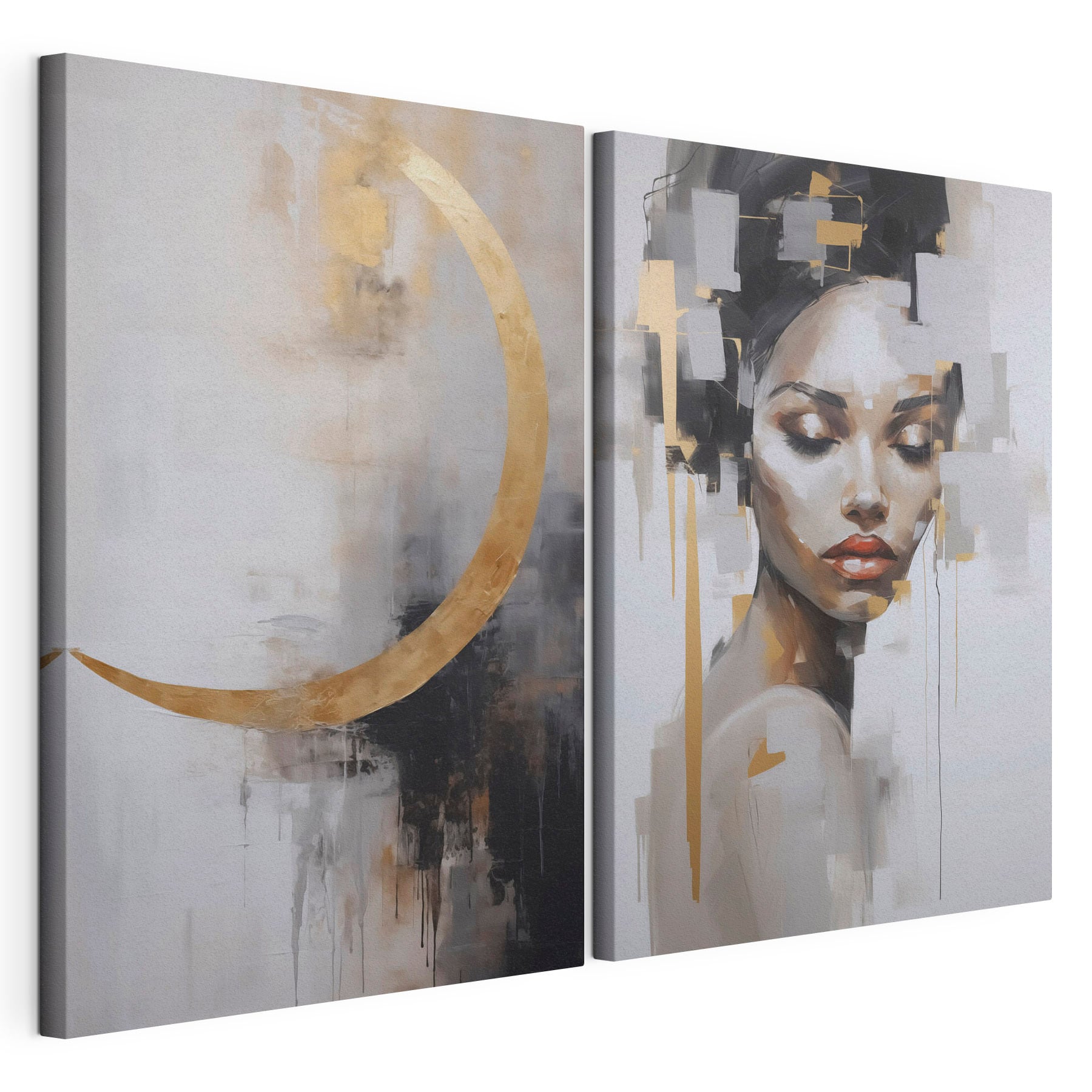 Painting of a woman and a painting of a moon