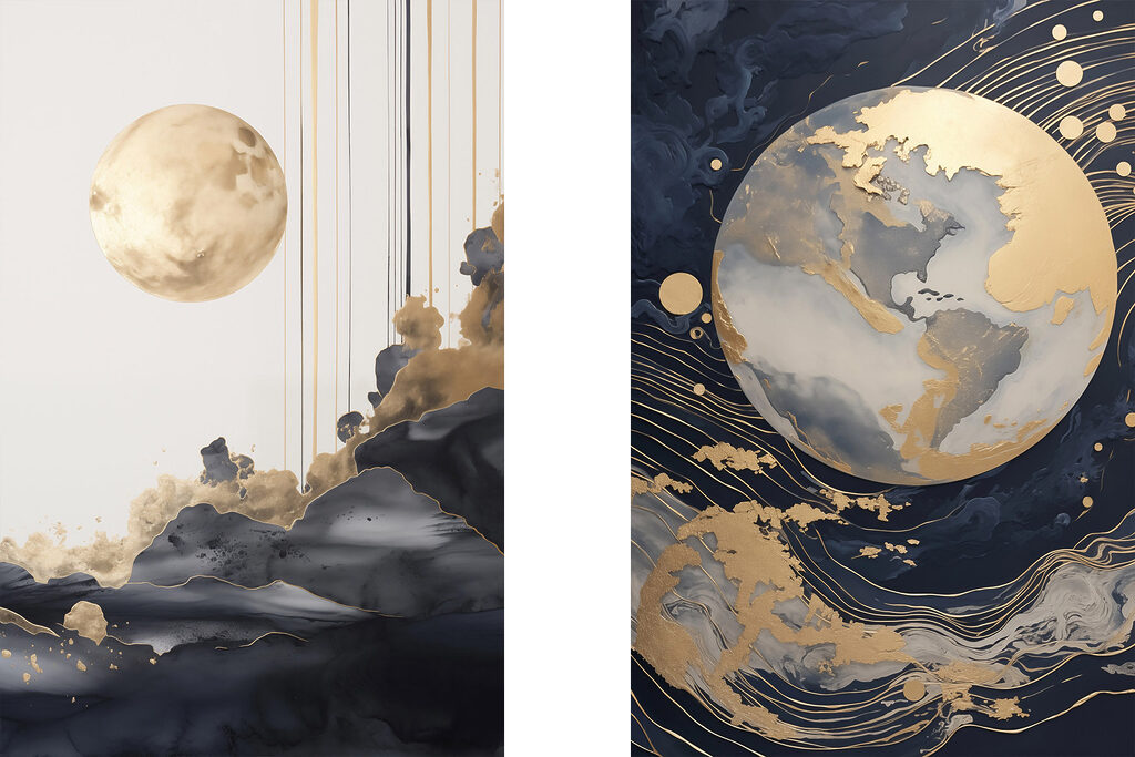 Two paintings of the moon and the moon