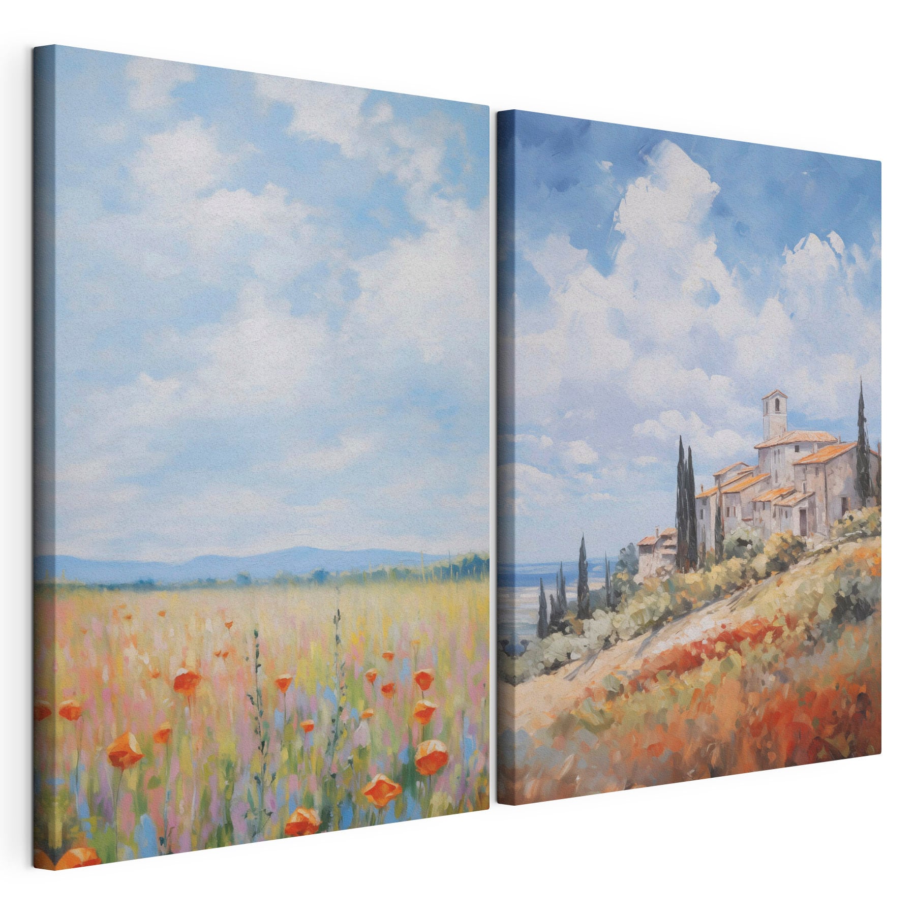 Painting of a landscape with a building and a field of flowers