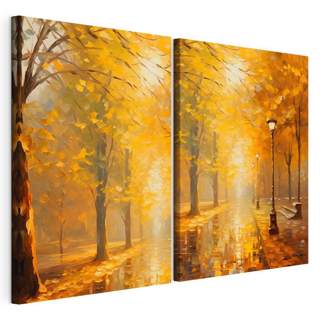 Painting of a street with trees and a lamp post