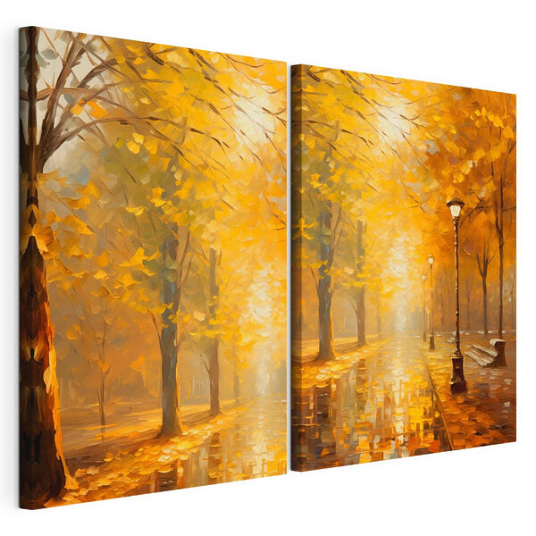 Modulaire canvasprint Schilderij van een straat met bomen en een lantaarnpaal