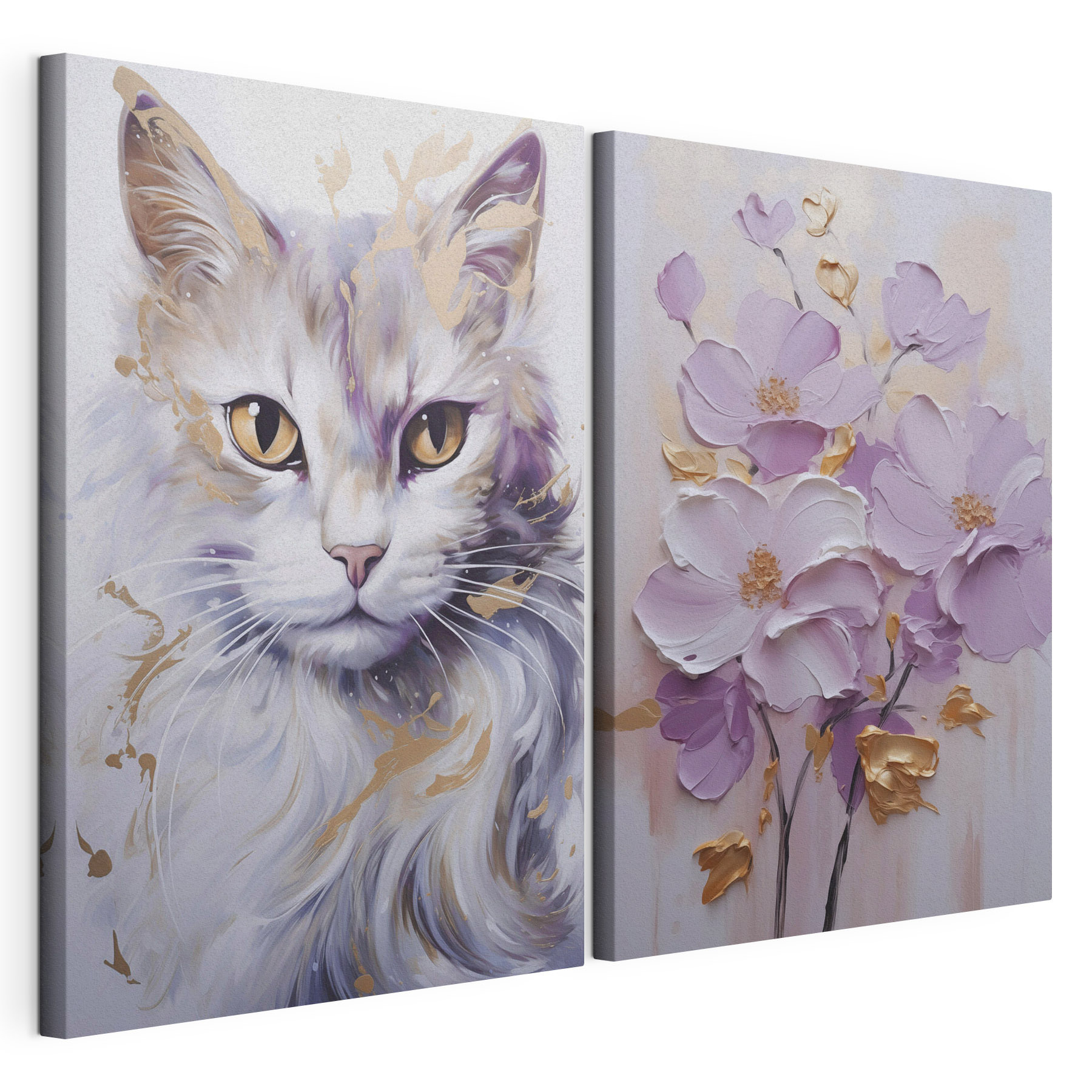 Painting of a cat and a painting of flowers