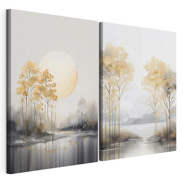 Modulaire canvasprint Schilderij van bomen en een meer