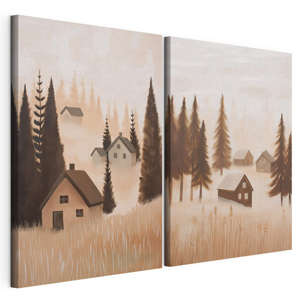 Modulaire canvasprint Schilderij van een dorp in de mist