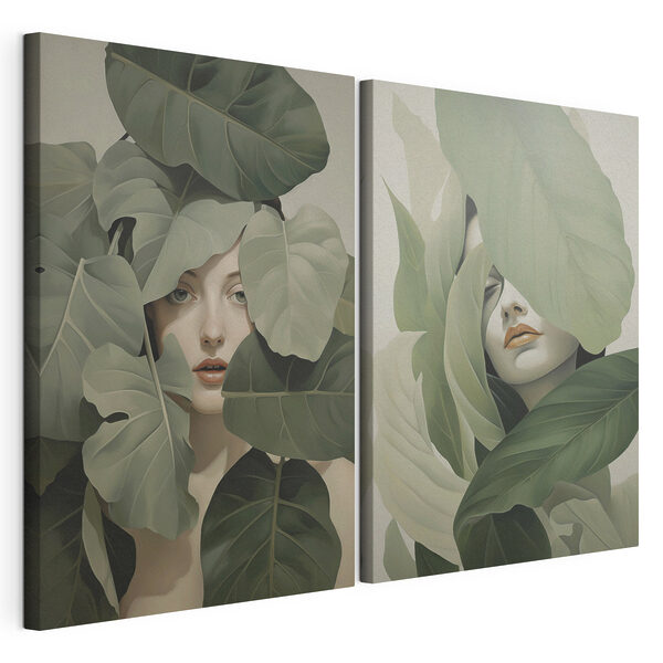 Modulaire canvasprint Het gezicht van een vrouw, omringd door bladeren