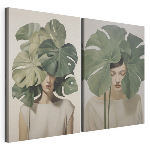 Modulaire canvasprint Twee afbeeldingen van een vrouw met bladeren op haar hoofd