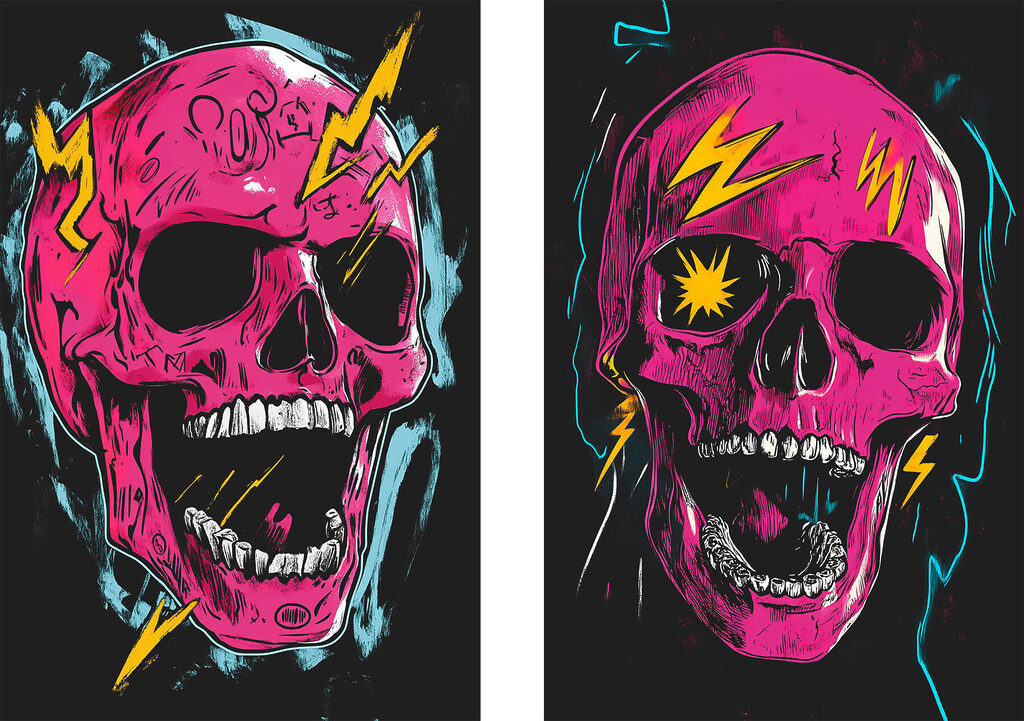 Collage of a pink skull with lightning bolts