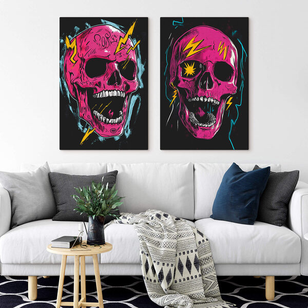 Collage of a pink skull with lightning bolts