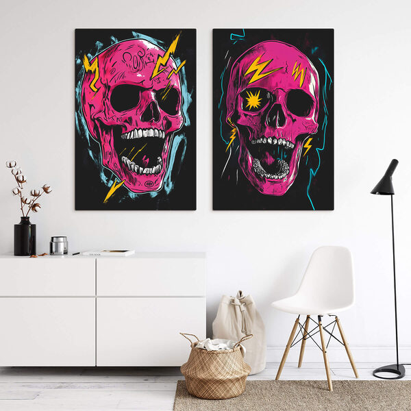 Collage of a pink skull with lightning bolts