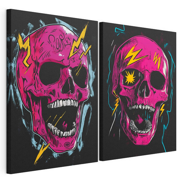 Modulaire canvasprint Collage van een roze schedel met bliksemschichten