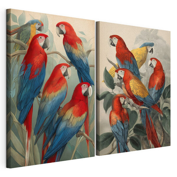 Modulaire canvasprint Een groep papegaaien op een tak