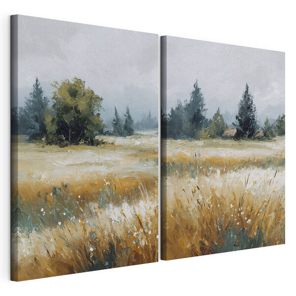 Modulaire canvasprint Schilderij van een veld met bomen