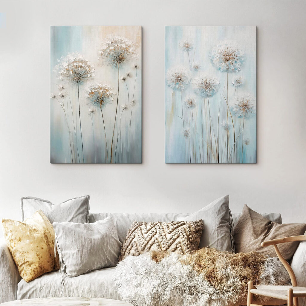 Painting of dandelions on a blue background
