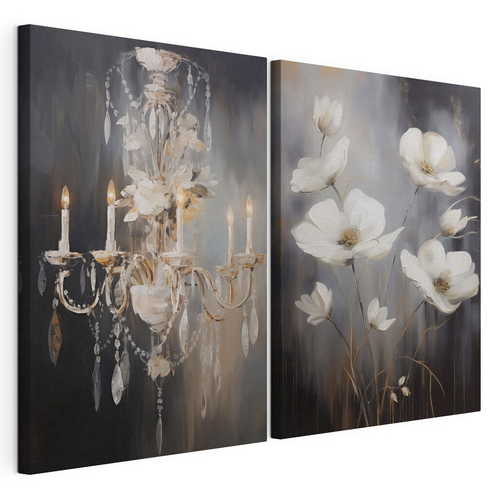 Painting of flowers and chandelier