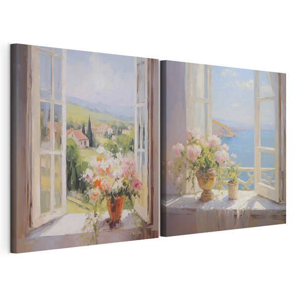 Modulaire canvasprint Schilderij van bloemen op een vensterbank