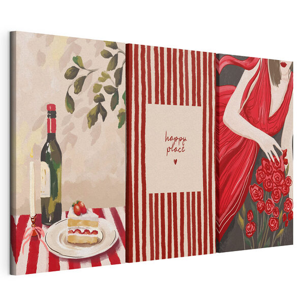 Modulaire canvasprint Collage van een vrouw die een boeket rozen en een kaars vasthoudt