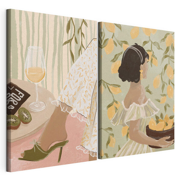 Modulaire canvasprint Vrouw met een schaal citroenen in haar handen