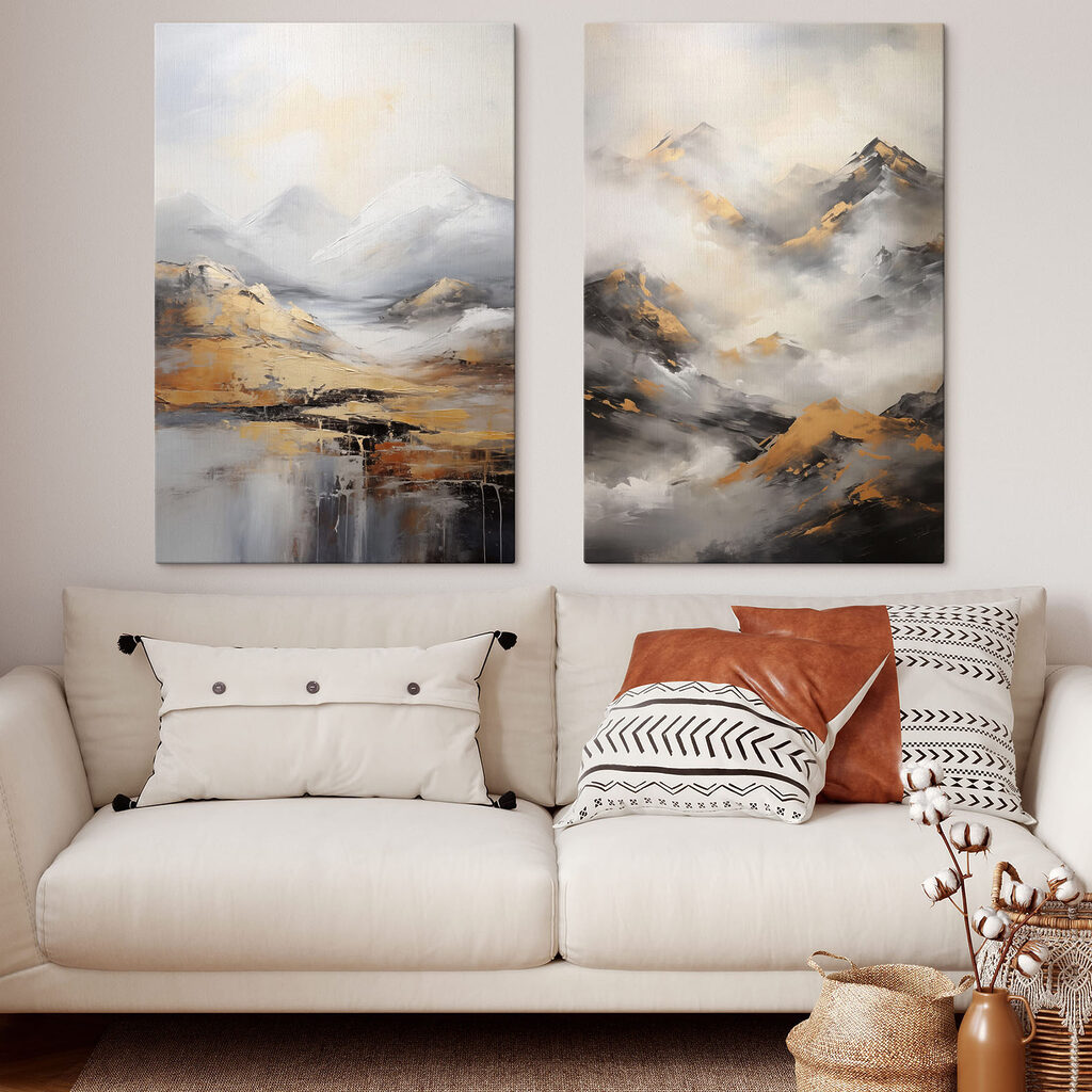 Painting of mountains with clouds