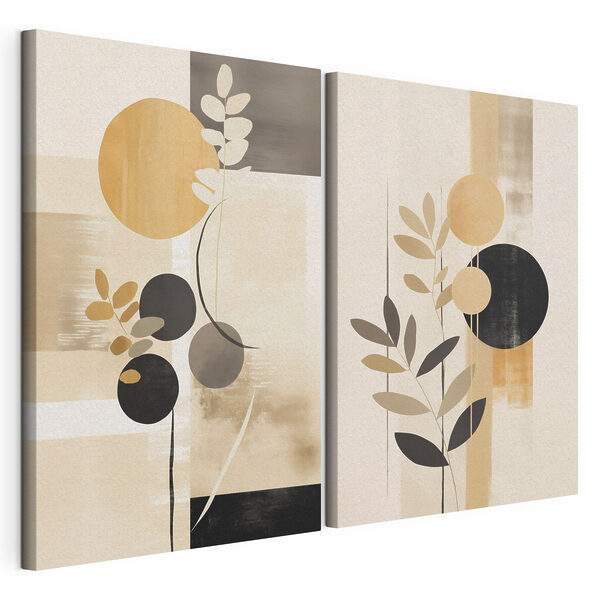 Modulaire canvasprint Twee schilderijen met cirkels en bladeren