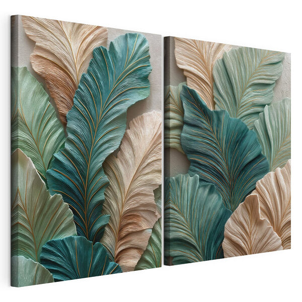 Modulaire canvasprint Kunstwerk met een compositie van groene en beige bladeren