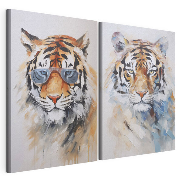 Modulaire canvasprint Twee foto's van tijgers met een zonnebril op