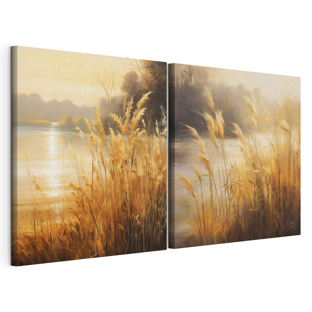Painting of a river and a field of grass