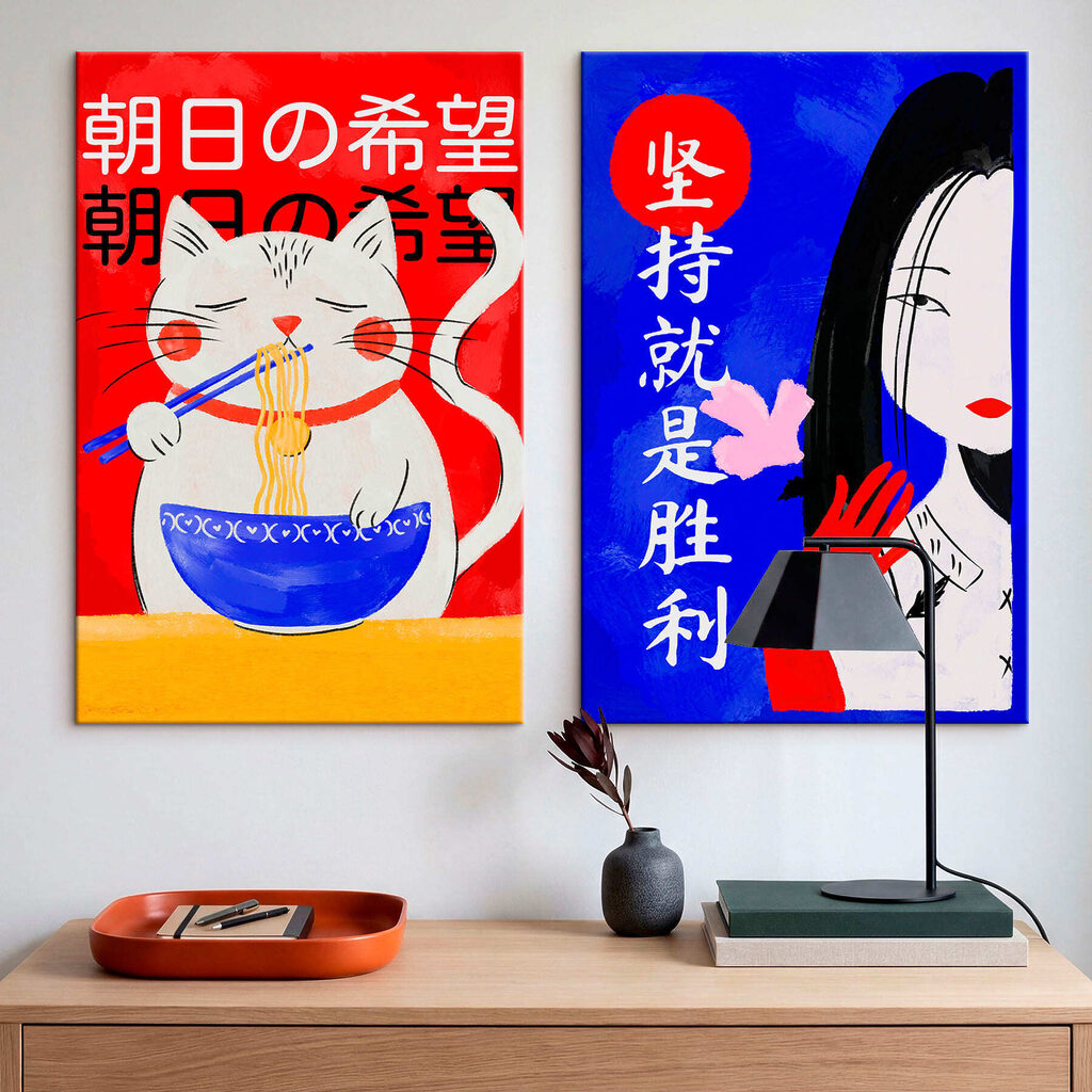 Two posters of a cat and a woman