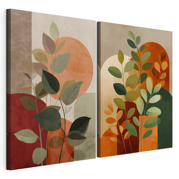Modulaire canvasprint Schilderij van bladeren en een zon