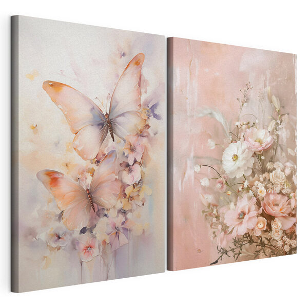 Modulaire canvasprint Twee schilderijen van bloemen en vlinders