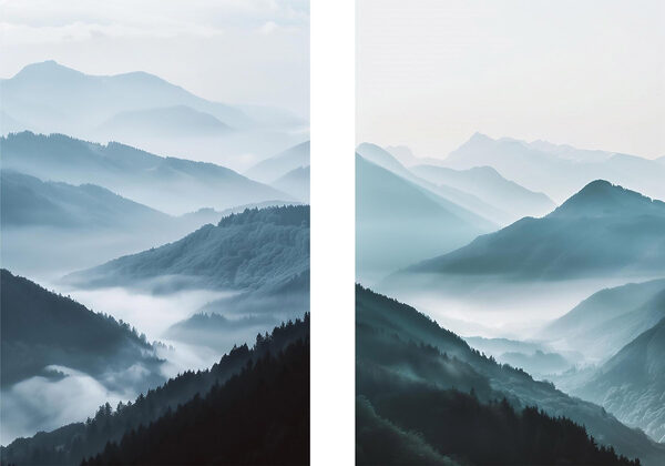 Collage of mountains with fog