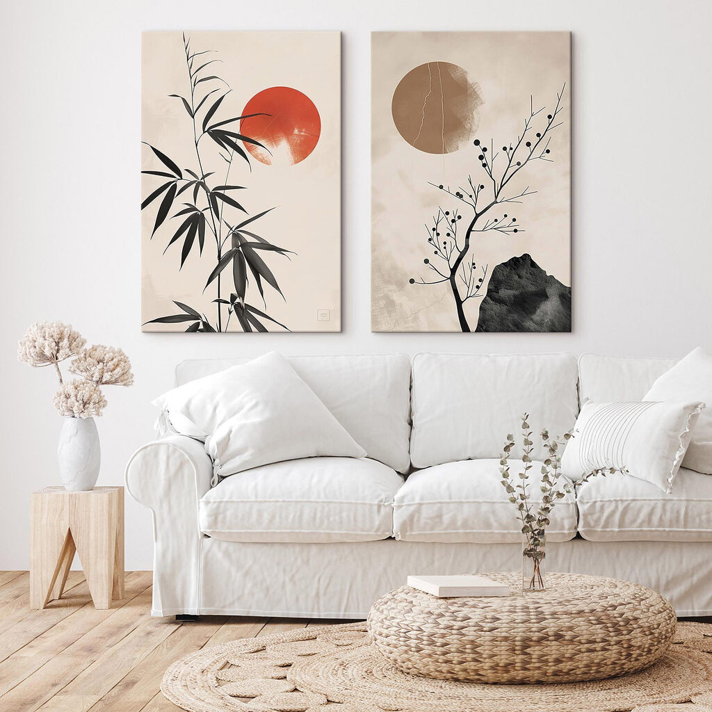 Two images of plants and a red sun