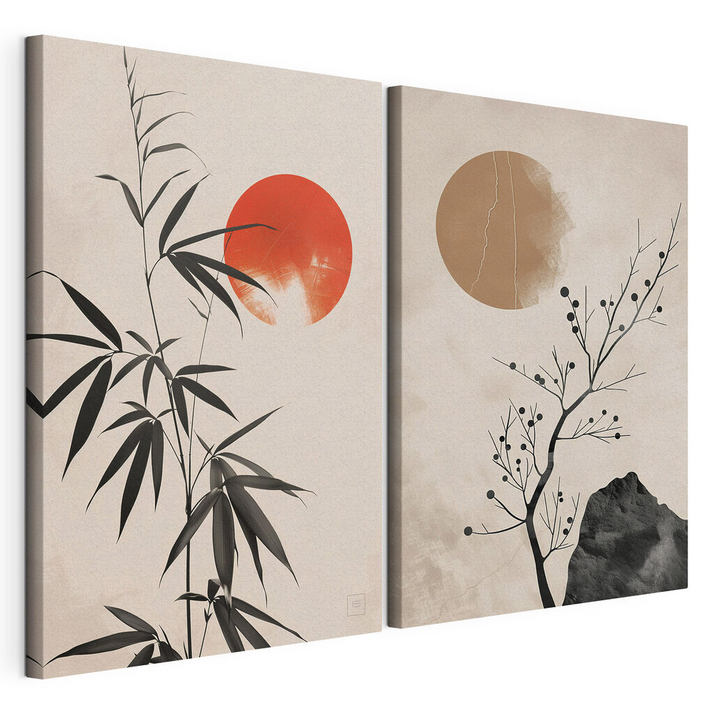 Two images of plants and a red sun