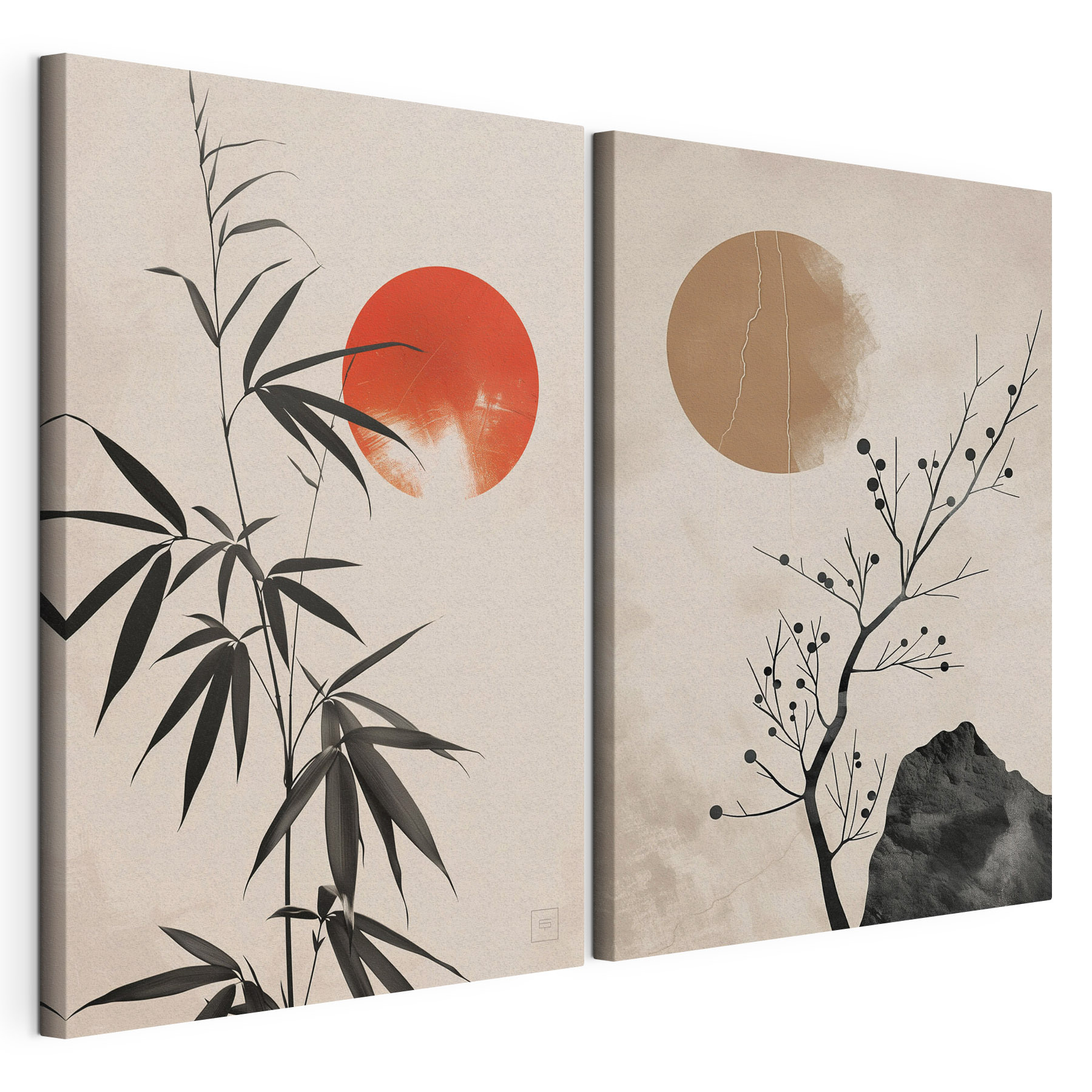Two images of plants and a red sun