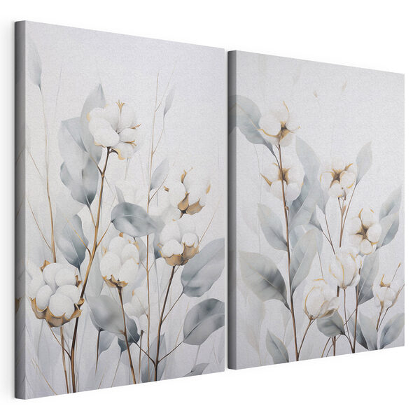 Modulaire canvasprint Schilderij van katoenbloemen en -bladeren