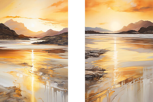 Painting of a beach and mountains