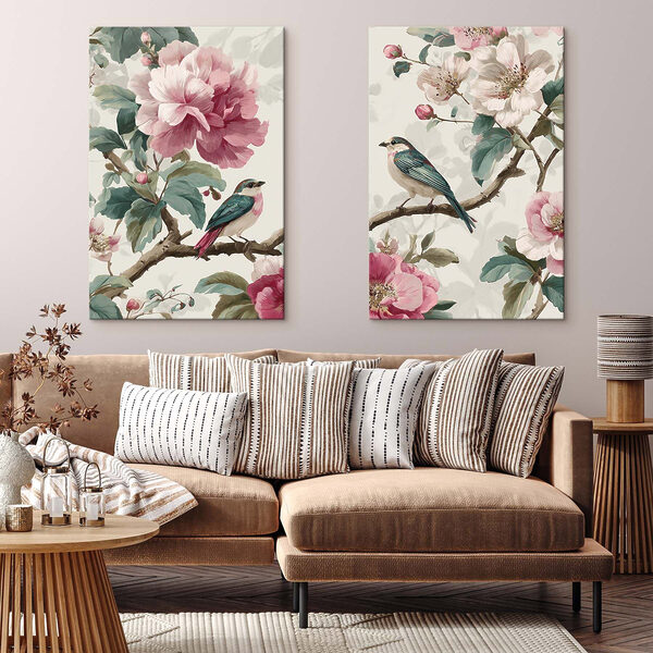Two birds on a branch with flowers