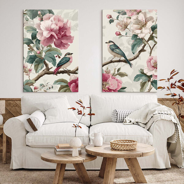 Two birds on a branch with flowers
