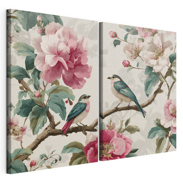 Two birds on a branch with flowers