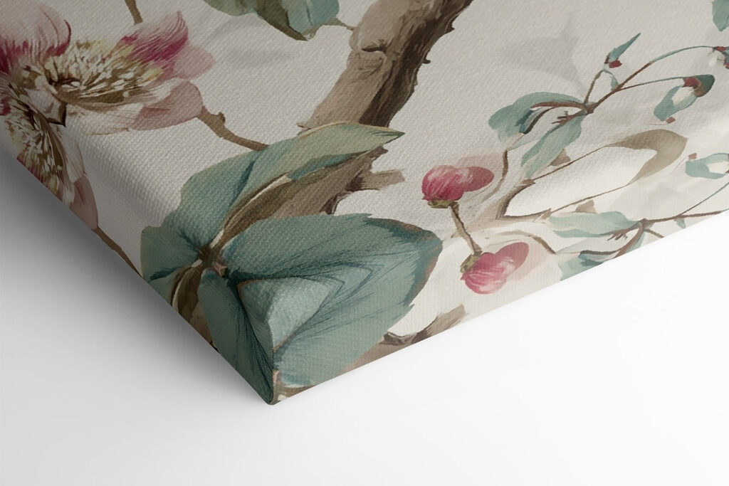 Two birds on a branch with flowers