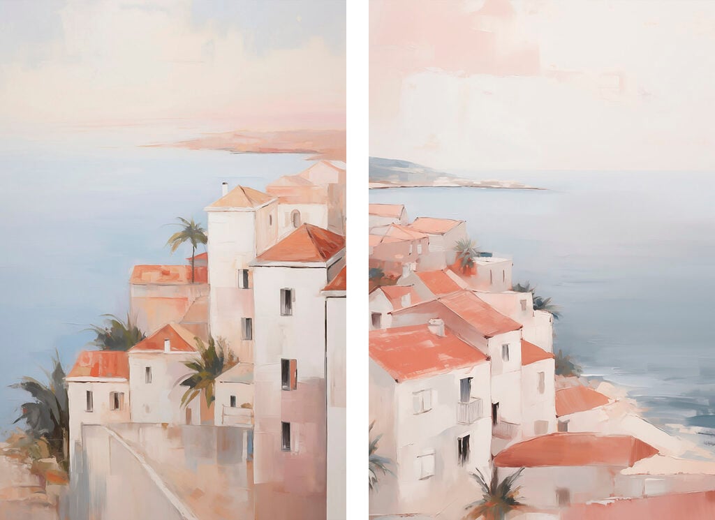 Painting of a town on a cliff