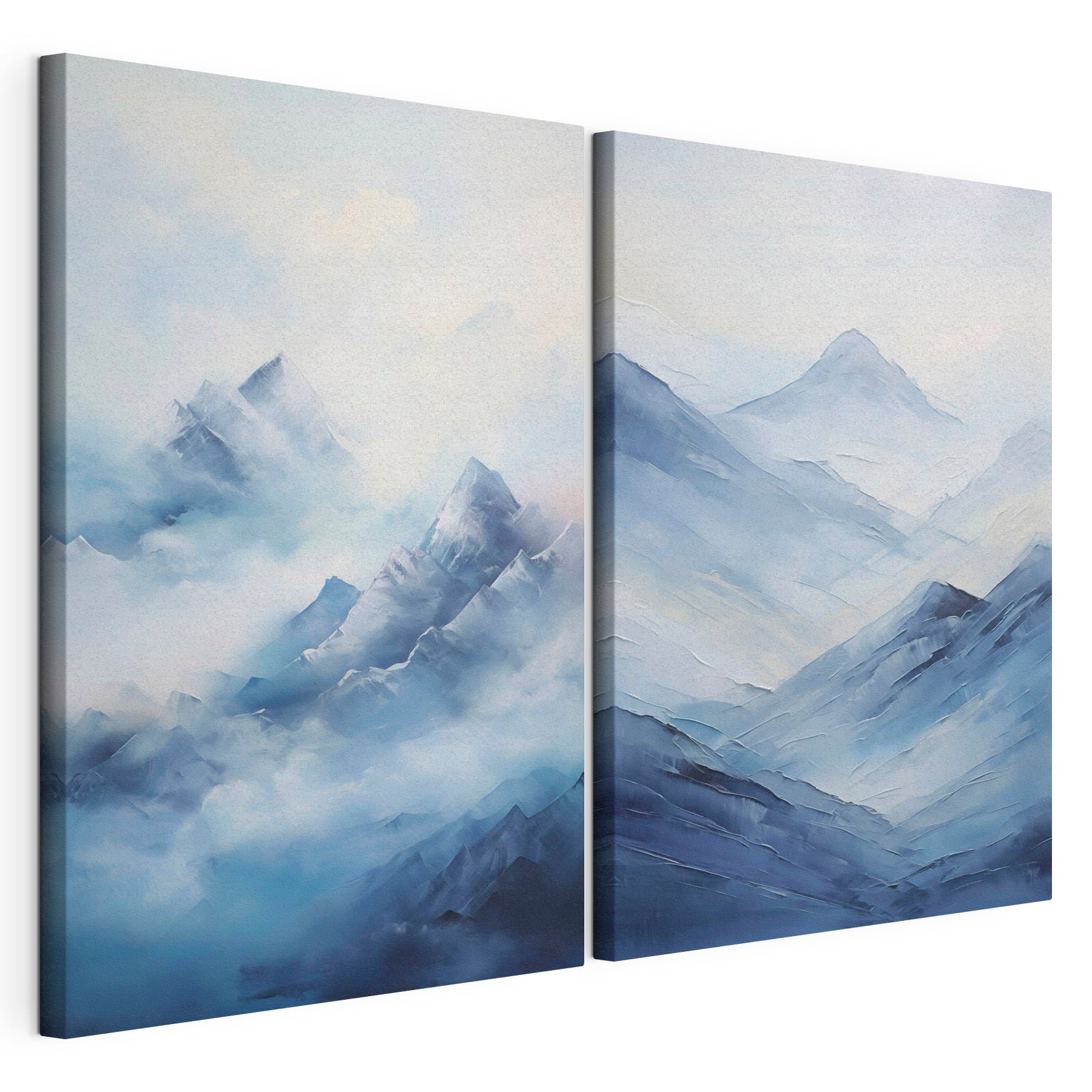 Painting of mountains in fog