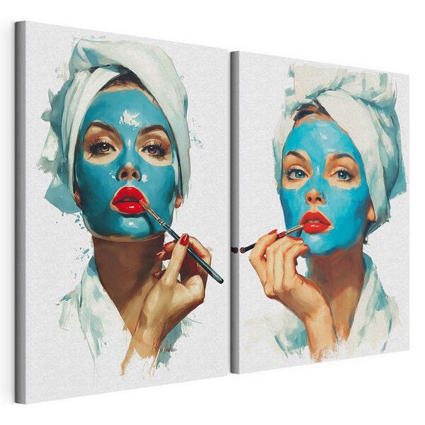 Modulaire canvasprint Collage van een vrouw die een blauw masker aanbrengt