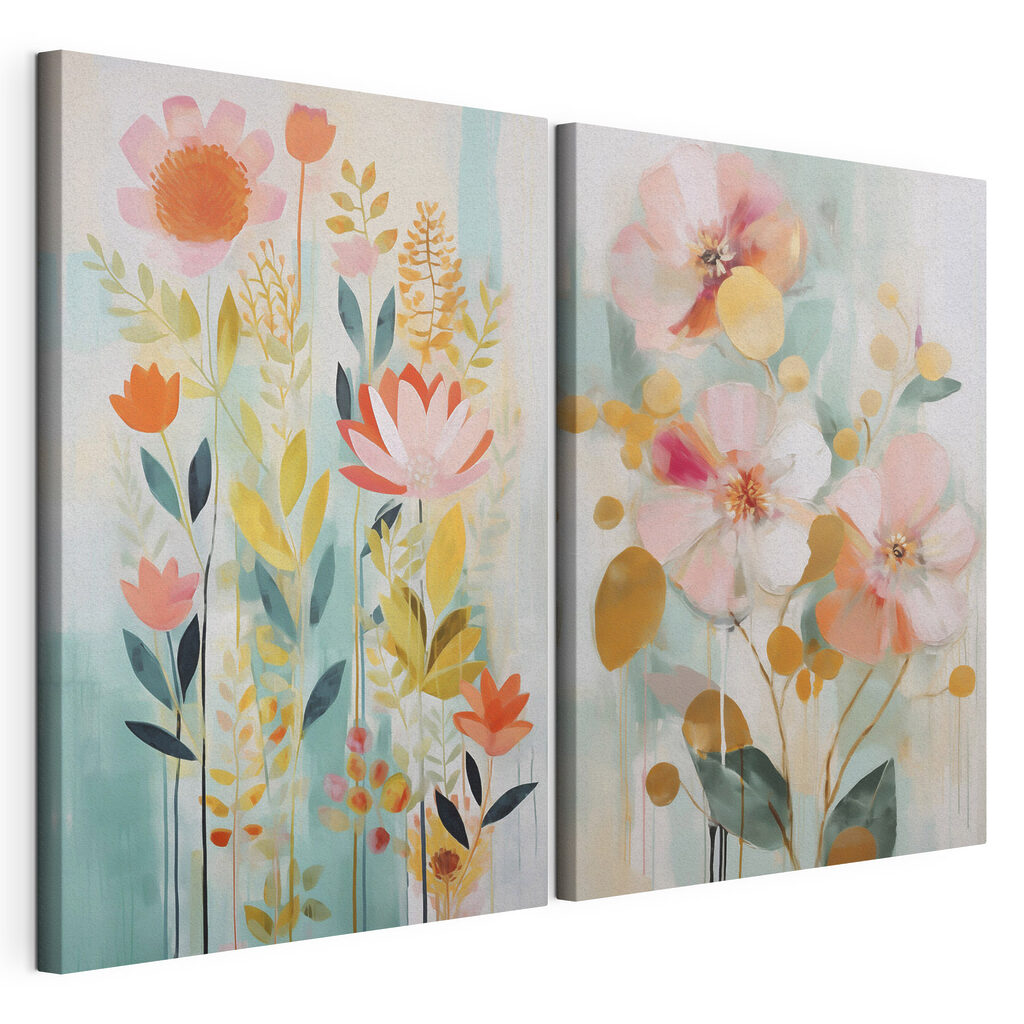 Two paintings of flowers and leaves