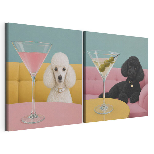 Modulaire canvasprint Hond die aan een tafel zit met een martiniglas