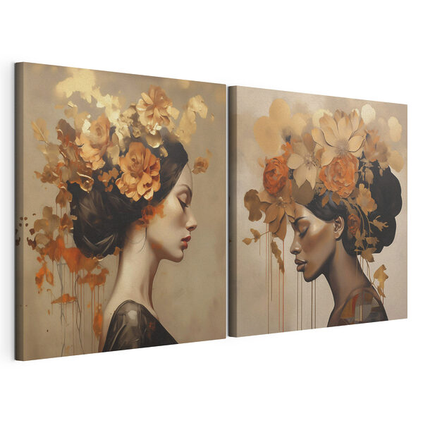 Modulaire canvasprint Schilderij van een vrouw met bloemen in haar haar