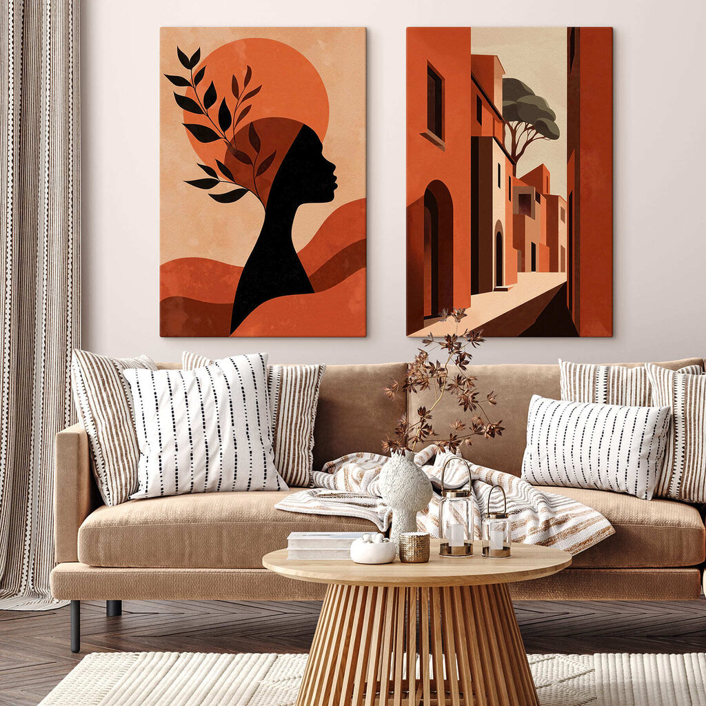 Woman with a hat on her head and a street with buildings