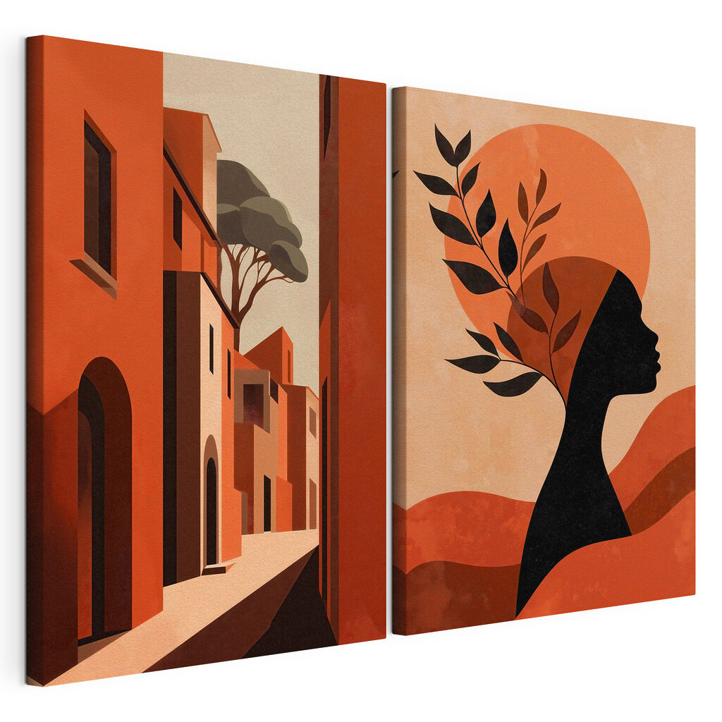 Woman with a hat on her head and a street with buildings